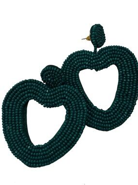 Teal Green Beaded Heart Drop Earrings